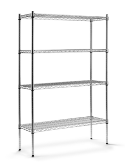 GALLERHYLLA KROMSTÅL H1600 MM KOMPLETT MED 4 STOLPAR OCH 4 HYLLPLAN