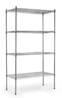 GALLERHYLLA KROMSTÅL H1880 MM KOMPLETT MED 4 STOLPAR OCH 4 HYLLPLAN