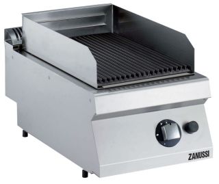 ZANUSSI LAVASTENSGRILL, GAS. BÄNKMODELL. 400MM. GASBRÄNNARE (7KW). GJUTJÄRNSGALLER. GASOLDYSOR BIFOGAS.