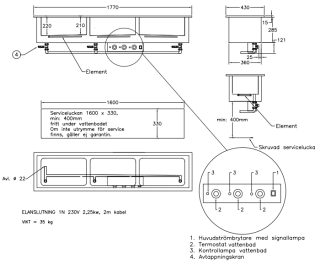 VATTENBAD FÖR INBYGGNAD 230V 2.25kW 3 BRUNN PÅ LÄNGDEN