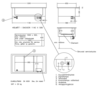 VATTENBAD FÖR INBYGGNAD HEL BRUNN MED AVDELARE FÖR 3 GN 1/1 400V 3kW