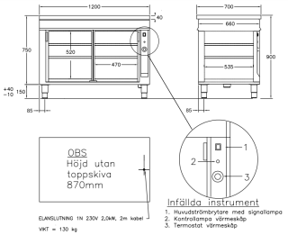 VÄRMESKÅP MED 2 ST SKJUTDÖRRAR OCH GENOMGÅENDE BESKICKNING 1200 MM