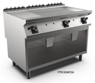 SATIN-KROMSTEKHÄLL RÄFFLAD GAS HS M1-90 FT912GMCSG - 3 zoner, 1/3 räfflad stekyta, termostatreglerad - 1200 × 920 × 900 mm