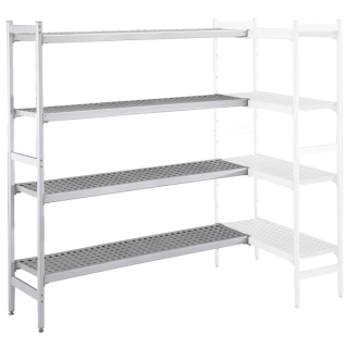 ZANUSSI ROSTFRI INREDNING HYLLA HÖRNSEKTION MED ALUMINIUMSTEGE 4 ST HYLLOR 475 x 2552 MM I POLYETEN LASTKAPACITET 1040 KG